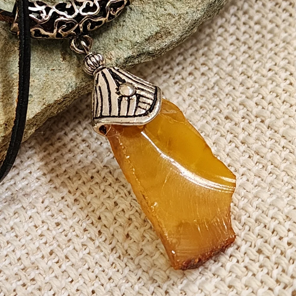 Amber Jewelry Natural Amber Nugget Rhodium Silver Pendant Genuine Leather